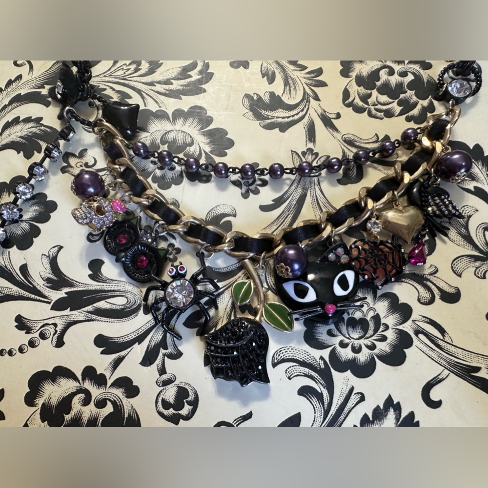 Betsey Johnson Cat heart skull rose spider owl heart bird web Statement Necklace